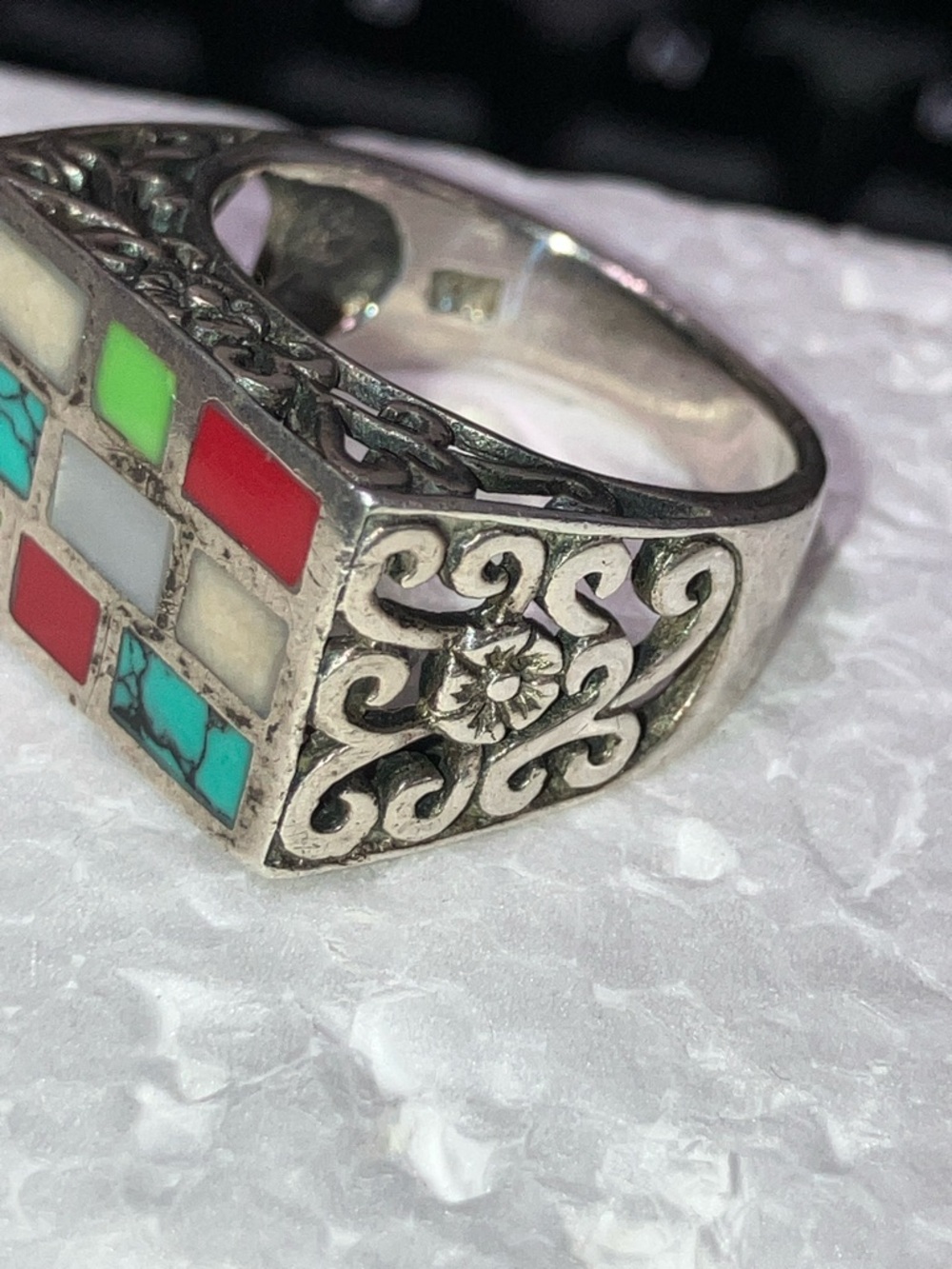 Sterling Silver Multicolor Inlay Wide Band Ring - Blue Green Pink Cream - Picture 6 of 9
